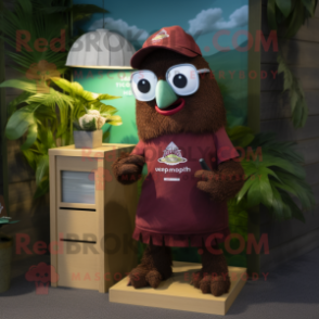 Maroon Kiwi mascot costume character dressed with a Bermuda Shorts and Reading glasses