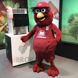 Maroon Kiwi mascot costume character dressed with a Bermuda Shorts and Reading glasses