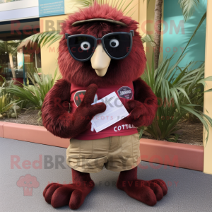 Maroon Kiwi mascot costume character dressed with a Bermuda Shorts and Reading glasses