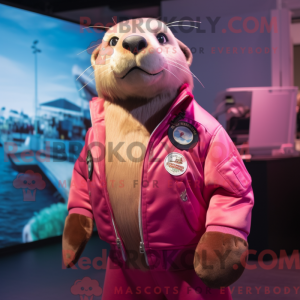 Maskotfigur av en magenta...