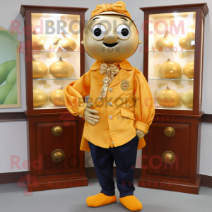 Gold Mandarin mascot costume character dressed with a Oxford Shirt and Earrings