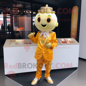 Gold Mandarin mascot costume character dressed with a Oxford Shirt and Earrings