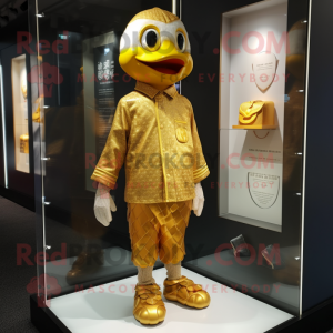 Gold Mandarin mascot costume character dressed with a Oxford Shirt and Earrings