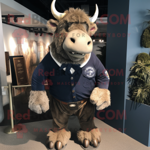 Navy Woolly Rhinoceros mascot costume character dressed with a Polo Tee and Suspenders