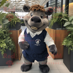 Navy Woolly Rhinoceros mascot costume character dressed with a Polo Tee and Suspenders