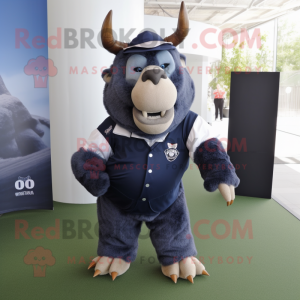 Navy Woolly Rhinoceros mascot costume character dressed with a Polo Tee and Suspenders