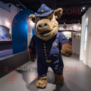 Navy Woolly Rhinoceros mascot costume character dressed with a Polo Tee and Suspenders