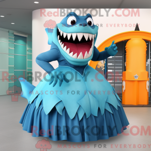 Maskotfigur af en cyan...