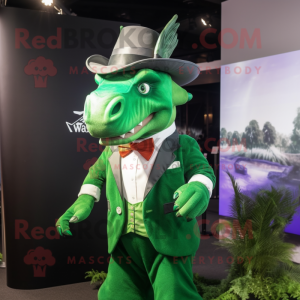 Green Triceratops mascot costume character dressed with a Suit Jacket and Hats