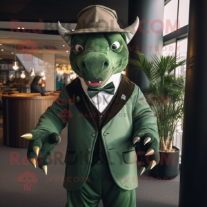 Green Triceratops mascot costume character dressed with a Suit Jacket and Hats