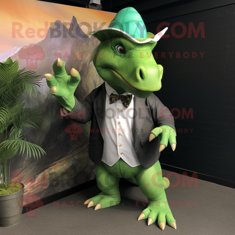Green Triceratops mascot costume character dressed with a Suit Jacket and Hats