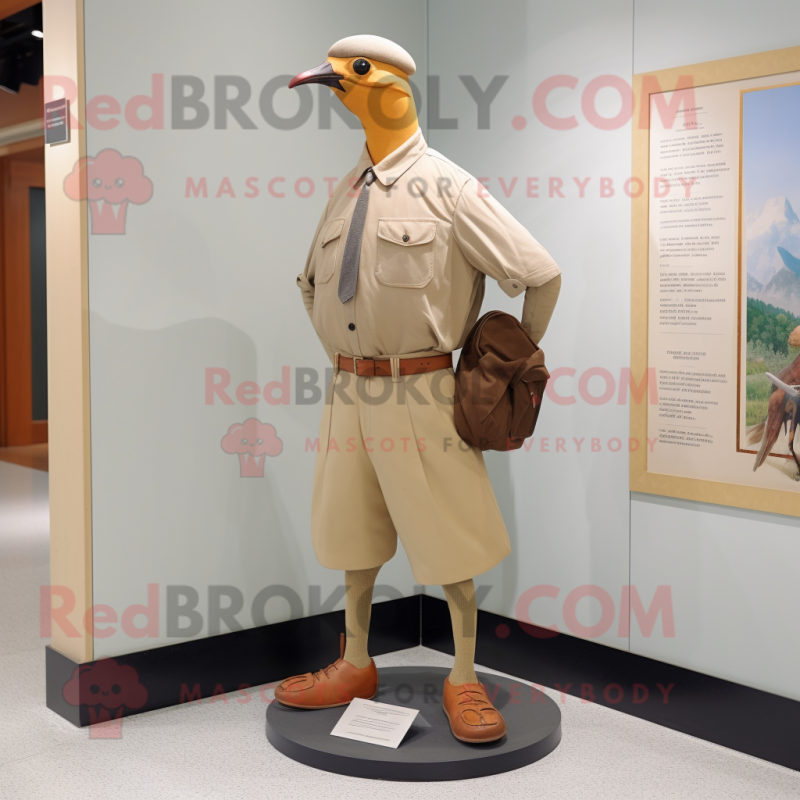 Beige Passenger Pigeon mascot costume character dressed with a Polo Tee and Shoe clips