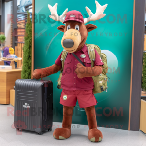 Maroon Irish Elk mascot costume character dressed with a Board Shorts and Coin purses