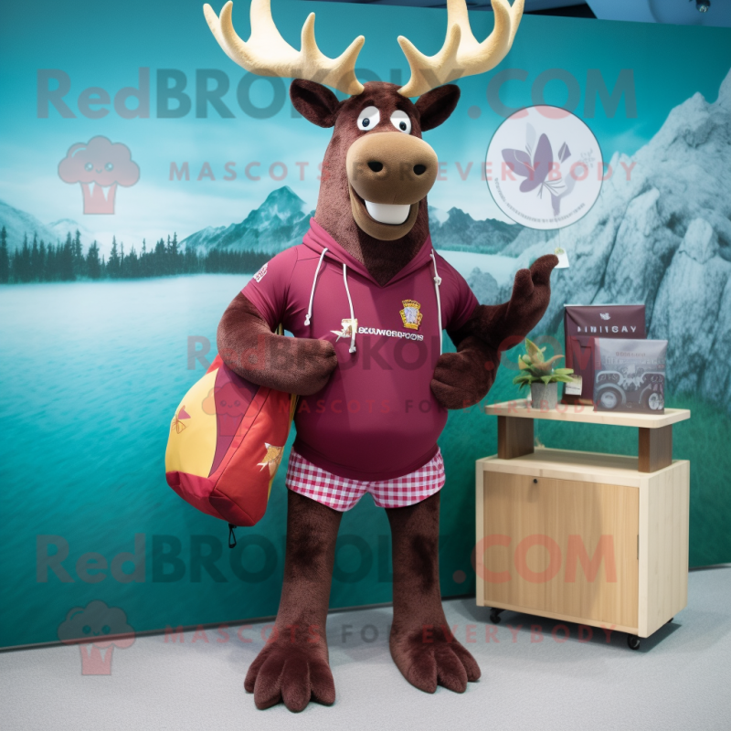 Maroon Irish Elk mascot costume character dressed with a Board Shorts and Coin purses