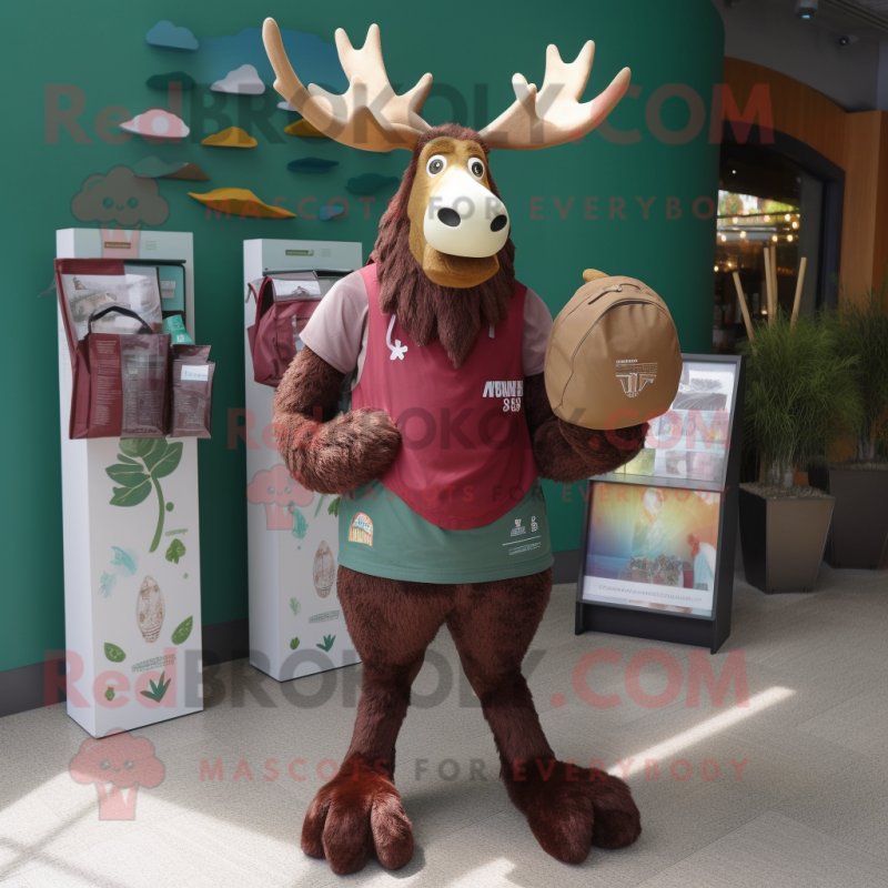 Maroon Irish Elk mascot costume character dressed with a Board Shorts and Coin purses