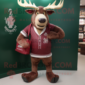 Maroon Irish Elk mascot costume character dressed with a Board Shorts and Coin purses