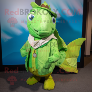 Lime Green Swordfish mascot costume character dressed with a Suit and Shawl pins