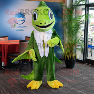 Lime Green Swordfish mascot costume character dressed with a Suit and Shawl pins