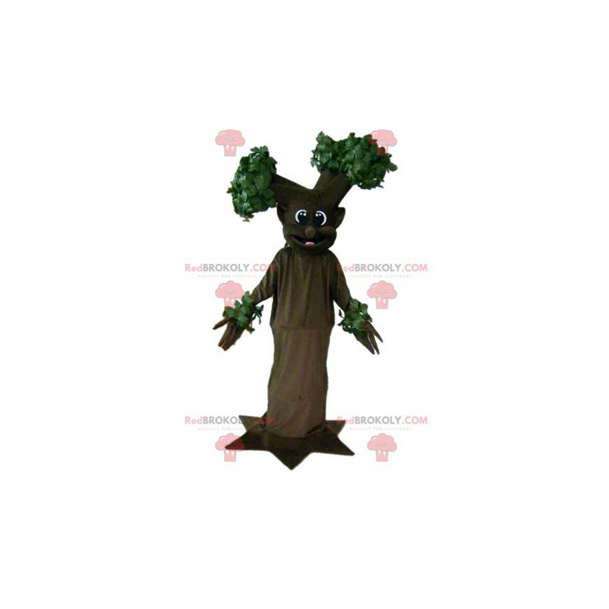 Mascota de árbol marrón y verde gigante y sonriente -