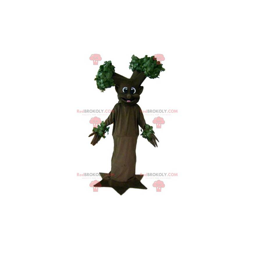 Mascotte d'arbre marron et vert géant et souriant -