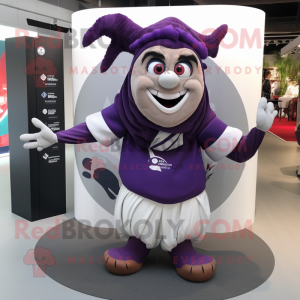 Purple Contortionist mascot costume character dressed with a Rugby Shirt and Shawls