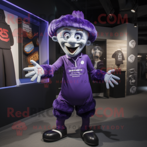 Purple Contortionist mascot costume character dressed with a Rugby Shirt and Shawls