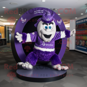 Purple Contortionist mascot costume character dressed with a Rugby Shirt and Shawls