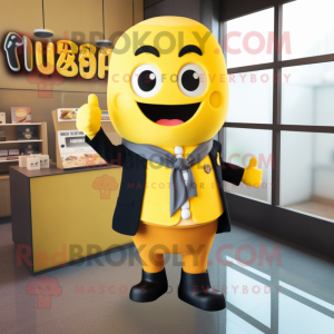 Yellow Miso Soup mascot costume character dressed with a Blazer and Belts