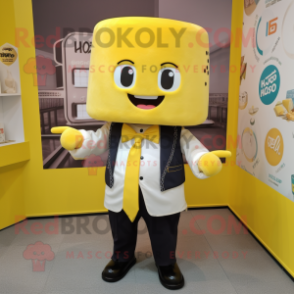 Yellow Miso Soup mascot costume character dressed with a Blazer and Belts