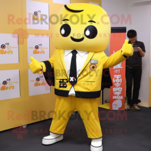 Yellow Miso Soup mascot costume character dressed with a Blazer and Belts