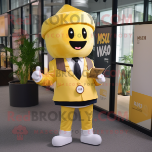 Yellow Miso Soup mascot costume character dressed with a Blazer and Belts