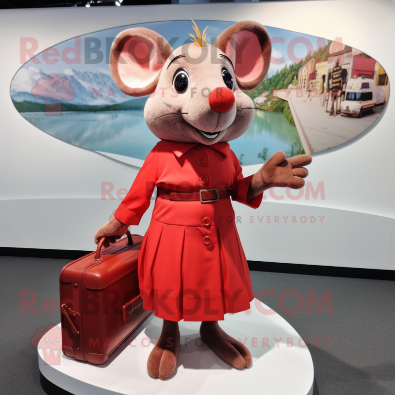 Red Mouse mascot costume character dressed with a Pleated Skirt and Briefcases Red Mouse mascot costume character dressed with a Pleated Skirt and Briefcases