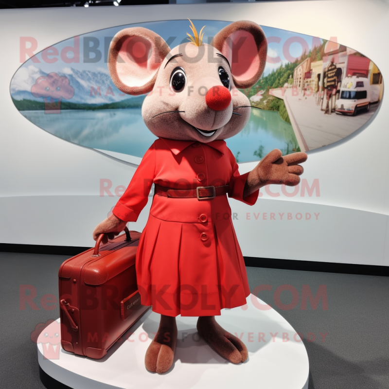 Red Mouse mascot costume character dressed with a Pleated Skirt and Briefcases