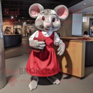 Red Mouse mascot costume character dressed with a Pleated Skirt and Briefcases