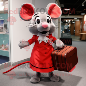 Red Mouse mascot costume character dressed with a Pleated Skirt and Briefcases