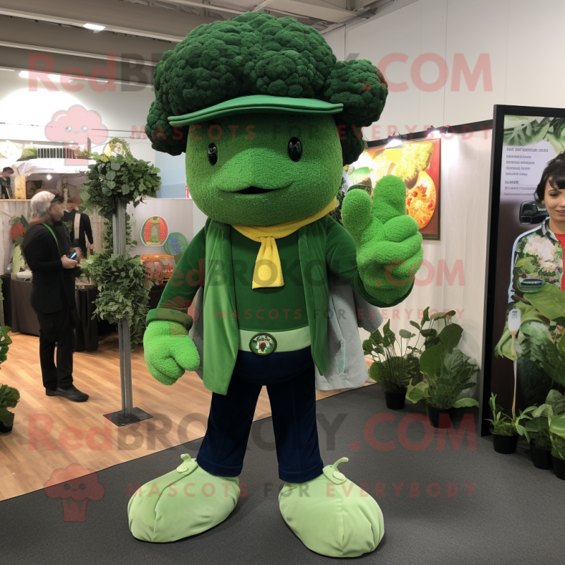 Forest Green Cauliflower mascot costume character dressed with a Corduroy Pants and Suspenders