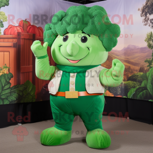Forest Green Cauliflower mascot costume character dressed with a Corduroy Pants and Suspenders