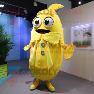 Lemon Yellow Tuna mascot costume character dressed with a Cover-up and Ties