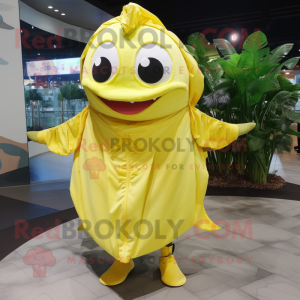 Lemon Yellow Tuna mascot costume character dressed with a Cover-up and Ties