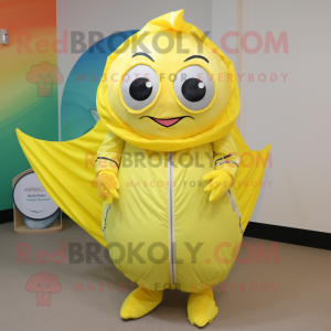 Lemon Yellow Tuna mascot costume character dressed with a Cover-up and Ties