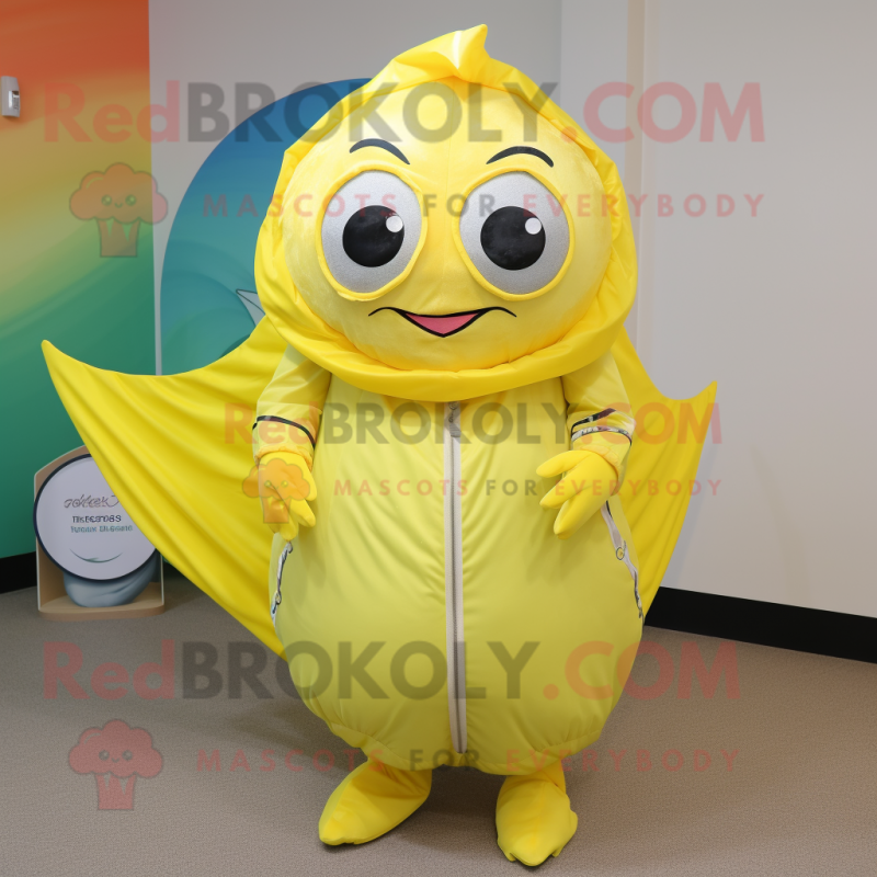 Lemon Yellow Tuna mascot costume character dressed with a Cover-up and Ties Lemon Yellow Tuna mascot costume character dressed with a Cover-up and Ties
