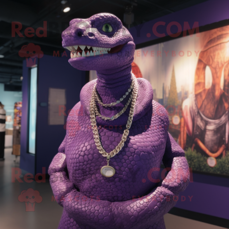 Purple Titanoboa mascot costume character dressed with a Vest and Necklaces