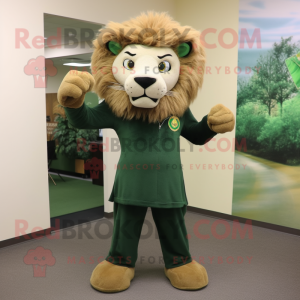 Forest Green Tamer Lion mascot costume character dressed with a Sheath Dress and Shoe clips