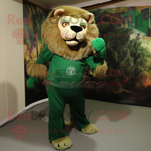 Forest Green Tamer Lion mascot costume character dressed with a Sheath Dress and Shoe clips