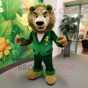 Forest Green Tamer Lion mascot costume character dressed with a Sheath Dress and Shoe clips