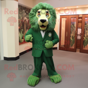 Forest Green Tamer Lion mascot costume character dressed with a Sheath Dress and Shoe clips