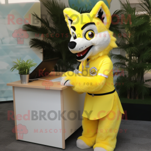 Lemon Yellow Wolf mascot costume character dressed with a Pencil Skirt and Keychains