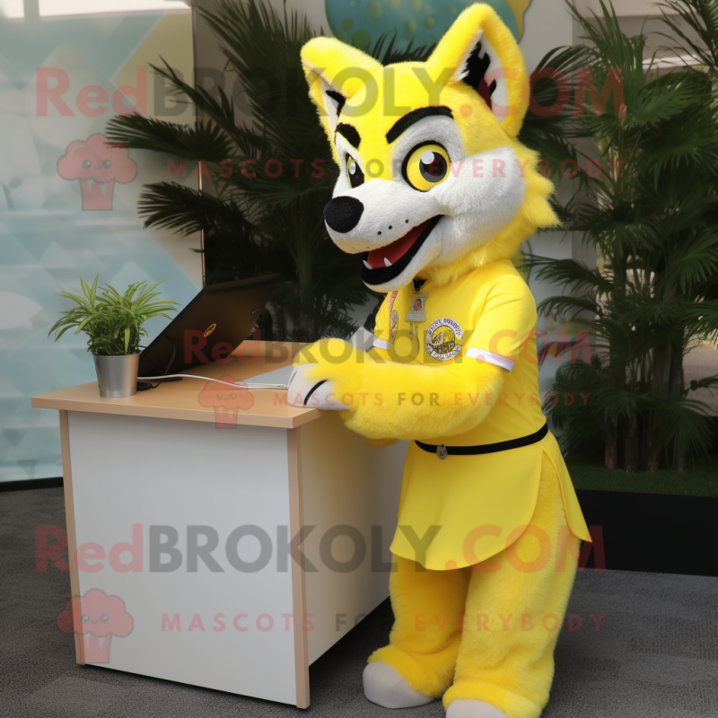 Lemon Yellow Wolf mascot costume character dressed with a Pencil Skirt and Keychains Lemon Yellow Wolf mascot costume character dressed with a Pencil Skirt and Keychains