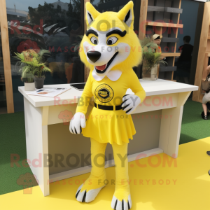 Lemon Yellow Wolf mascot costume character dressed with a Pencil Skirt and Keychains