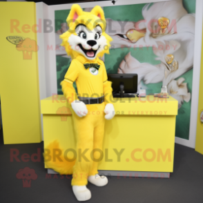 Lemon Yellow Wolf mascot costume character dressed with a Pencil Skirt and Keychains